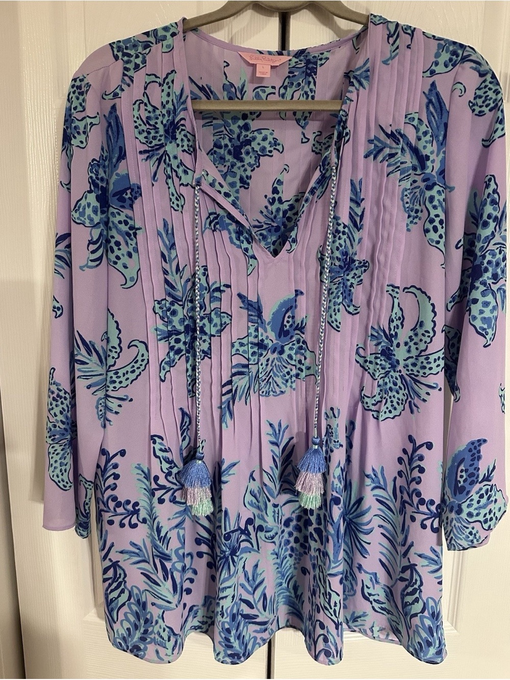 Lilly Pulitzer Womens L Purple Blue Green Floral V-Neck 3/4 Sleeve Tassel Tunic